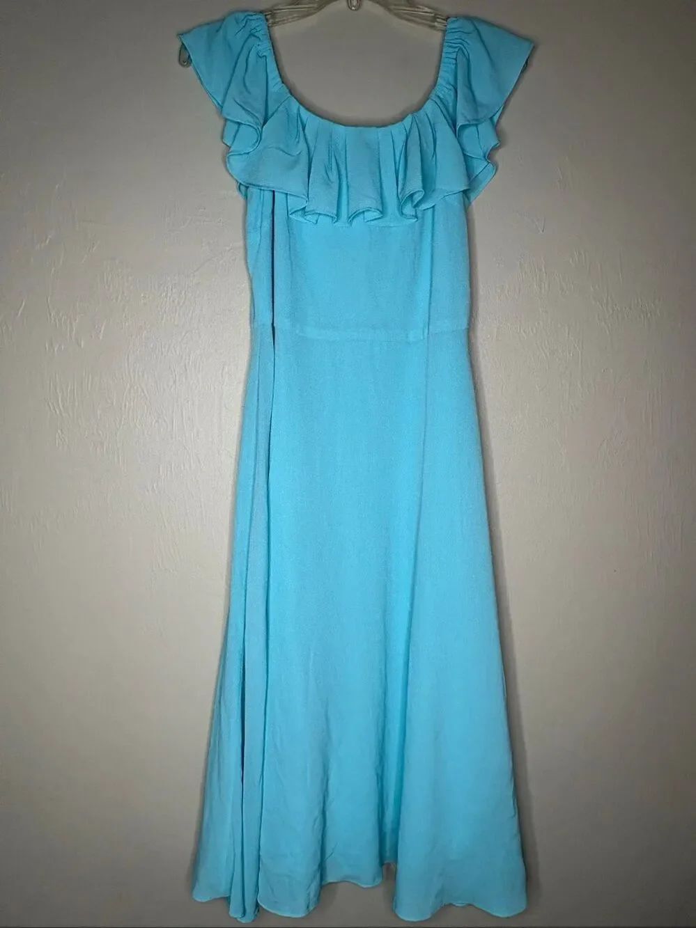 Betsey Johnson Women's Turquoise Blue Ruffle Neck Fit & Flare Midi Dress Size 8-